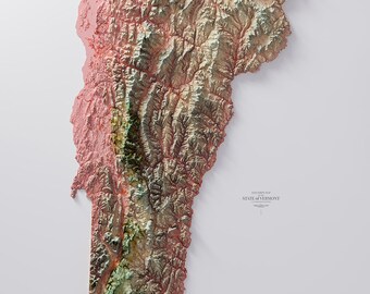 Könnte beinhalten: Eine 3D-Reliefkarte des Bundesstaates Vermont, die die Topographie des Staates in verschiedenen Grüntönen, Braun- und Rosatönen zeigt. Die Karte trägt den Titel "Höhenkarte des Bundesstaates Vermont".