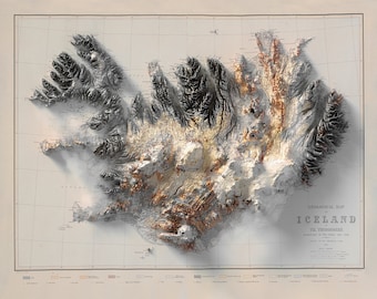 May include: A vintage geological map of Iceland, showing the country's terrain and features in a 3D style. The map is printed on a cream-colored paper with a grid pattern.