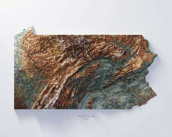 May include: A topographic map of the state of Pennsylvania, showing the state's terrain in shades of brown, green, and blue. The map is titled "State of Pennsylvania".