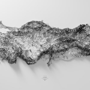 May include: A black and white topographic map of Turkey. The map shows the country's mountains, valleys, and rivers. The map is printed on a white background.