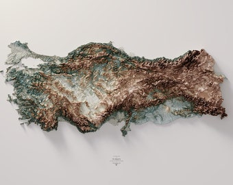 May include: A 3D topographic map of Turkey, rendered in shades of brown, green, and white. The map shows the country's mountainous terrain and coastline.