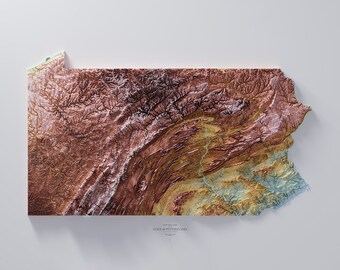 May include: A topographic map of the state of Pennsylvania, showing the elevation changes in the landscape. The map is in shades of brown, green, and blue, with the highest elevations in brown and the lowest elevations in blue.