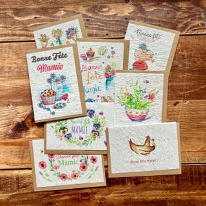 carte à planter bonne fête mamie pour la fête des grands mères ensemencée en graines de fleurs des champs, coquelicot, fraise, mélisse
