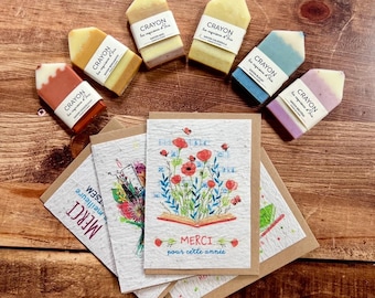 Carte à planter merci maîtresse et son savon crayon aux choix