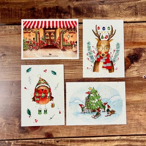 Handmade Merry Christmas card illustrated in watercolor