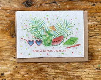 Carte ensemencée à planter  " merci et bonnes vacances !" Graines de menthe