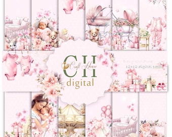 Digital paper pack, Newborn baby girl,Welcome baby girl,Pink digital paper,Floral baby girl,Cute baby in pink,Scrapbook baby digital paper