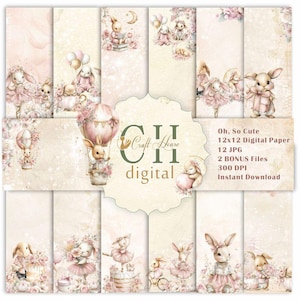 Può includere: Una collezione di fogli di carta digitale con illustrazioni ad acquerello di conigli in tenui tonalità rosa e crema. I disegni includono coniglietti con palloncini, mongolfiere e dettagli floreali. Testo: Oh, So Cute 12x12 Digital Paper.