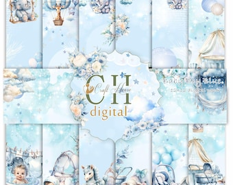 May include: Digital paper pack with a baby boy theme. The design features illustrations of baby elephants, hot air balloons, clouds, and floral arrangements in shades of blue and white. The text "Baby Boy Blue" and "12x12 digital paper" are also visible.
