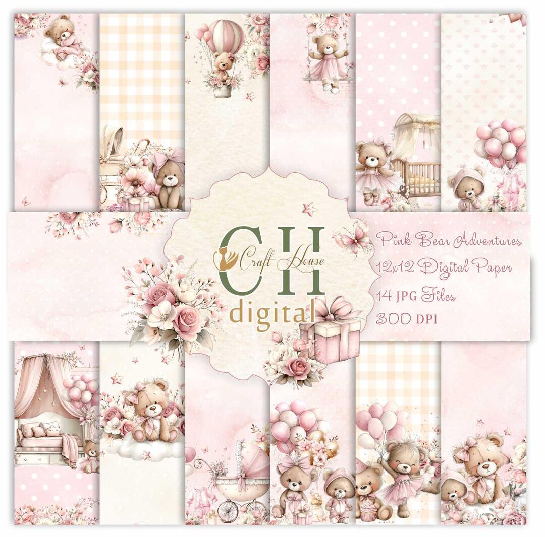 Pattern Paper Baby Baby Girl,digital Paper,pink Bear,nursery Printable,newborn,floral ...