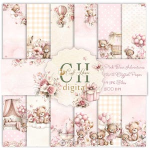 Baby Girl,Digital Paper,Pink Bear,Nursery Printable,Newborn,Floral Pattern,Scrapbook Paper