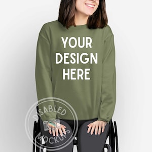 Gildan 18000 Military Green Wheelchair Mockup, Gildan 18000 Mockup Military Green, Wheelchair Model Mockup, Disabled Mockup, Disability