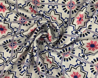 Italian Silk Twill Fabric: White, Blue & Pink Majolica Print Designer Fabric
