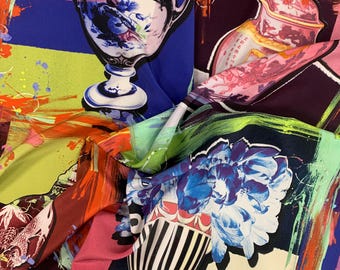 Colorful Print 100% Silk Fabric - Italian Designer Style