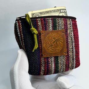 Beach Boho Zipper Coin Purse | Woven Striped Card Holder Wallet | Small Bifold Pouch with Leather Patch | Summer Travel Money Bag