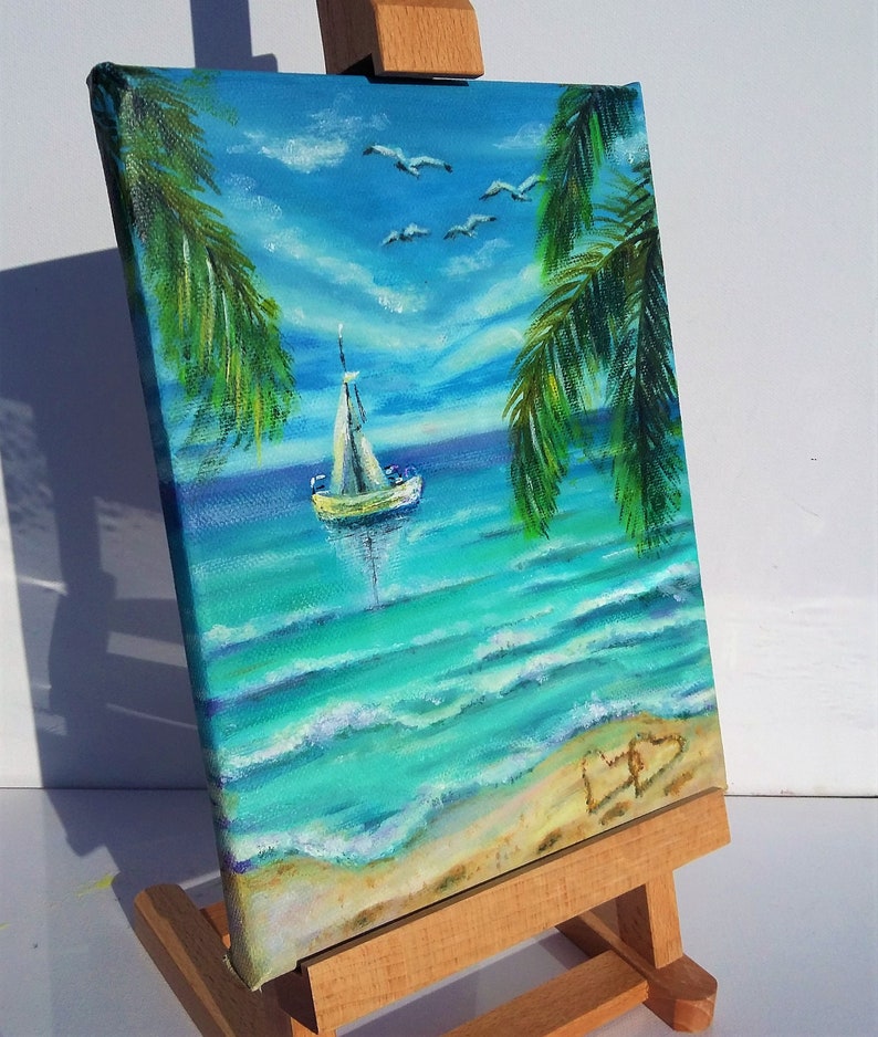 Nautical Art Sailboat Artwork Palm Trees on a Sandy Beach Hawaii Painting Original Small Oil Painting