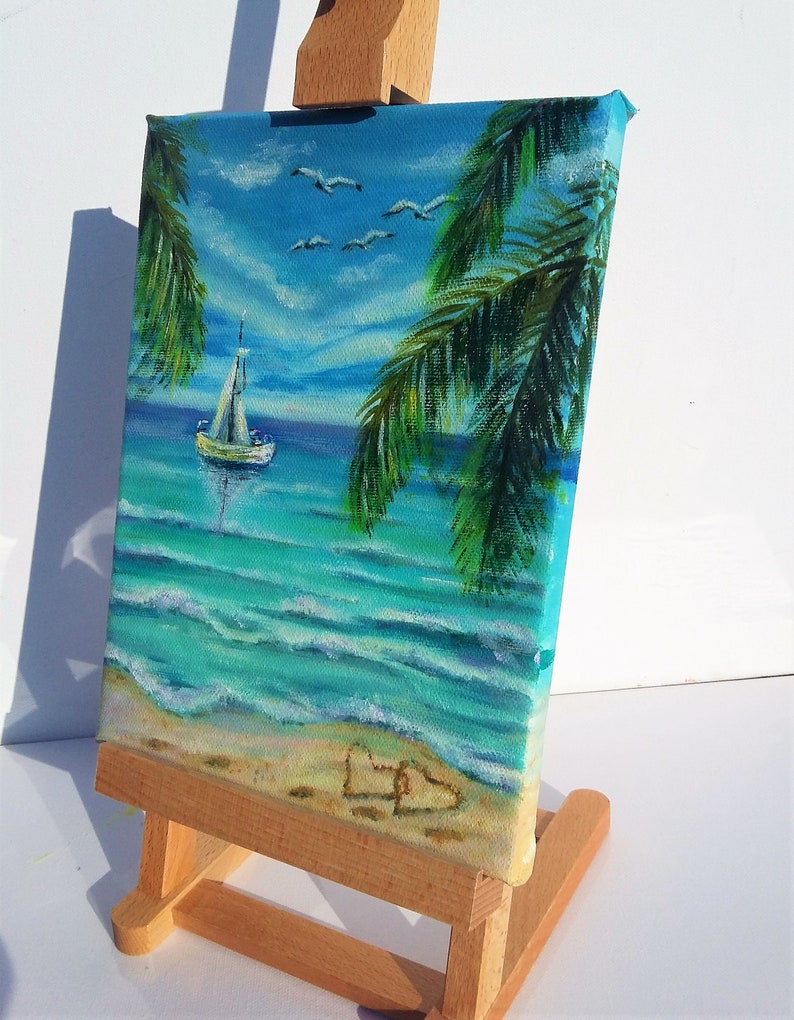 Nautical Art Sailboat Artwork Palm Trees on a Sandy Beach Hawaii Painting Original Small Oil Painting