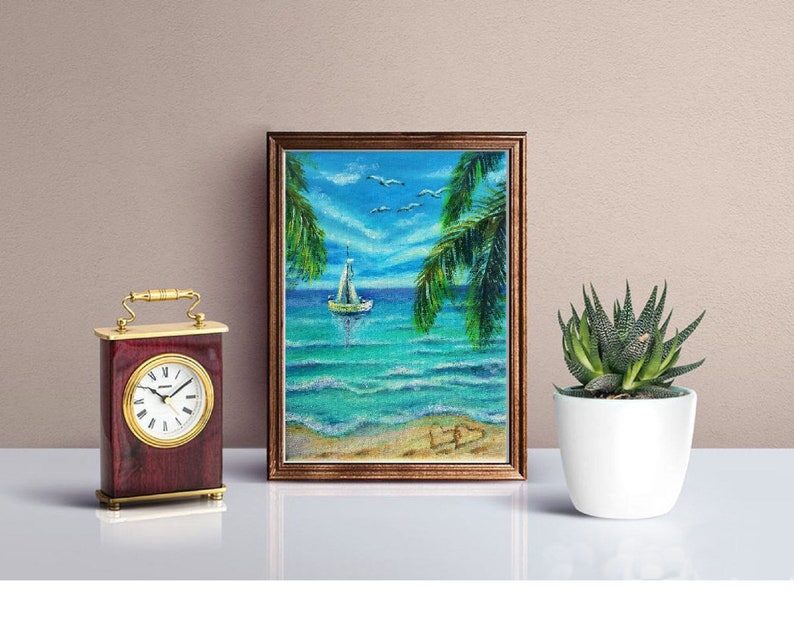 Nautical Art Sailboat Artwork Palm Trees on a Sandy Beach Hawaii Painting Original Small Oil Painting
