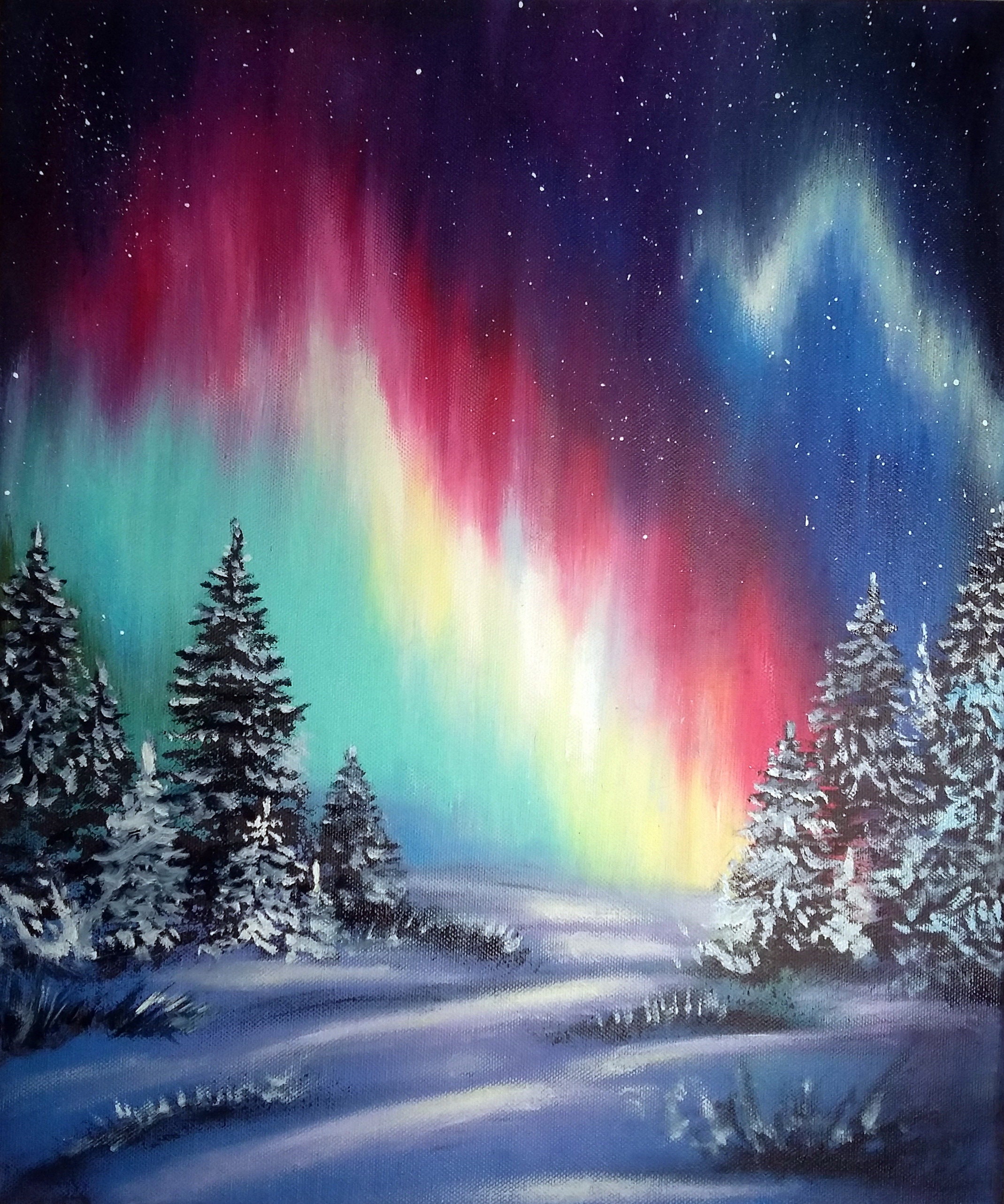 Northern Lights Painting Aurora Borealis Night Landscape Etsy