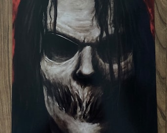 May include: A black and white illustration of a person with long black hair and a skeletal face. The person's eyes are dark and their mouth is open, revealing sharp teeth. The background is a dark red.