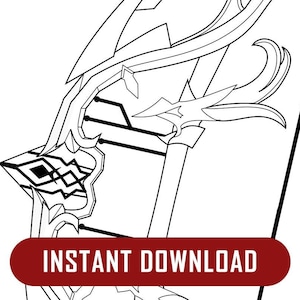 May include: A black and white line drawing of a stylized sword with intricate details. The sword has a sharp point and a curved blade. The handle is decorated with a geometric pattern.