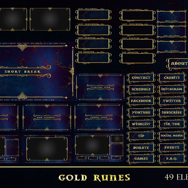 Gold Runen Twitch Stream Mega Paket Overlays / Niedlich / Marmor / Panels / Bordüren / Elegant / Luxus Zwerg Thema / Fantasy Night Overlay