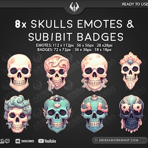 8 Mermaid Skull Emotes - Twitch Assets - Goth Sub Bit Badges - Cheer Points - Discord - Youtube -