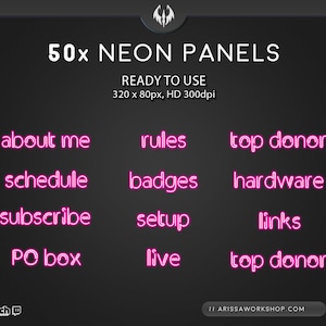 Puede incluir: 50 paneles de neón rosa para superposiciones de transmisión de Twitch. Los paneles incluyen: sobre mí, reglas, mejor donante, horario, insignias, hardware, suscribirse, configuración, enlaces, apartado de correos, en vivo y mejor donante. Los paneles son de 320 x 80 píxeles, HD 300 ppp.