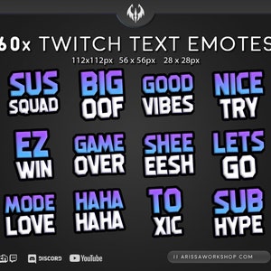 60x Twitch Text Emotes - Discord Emotes Bundle - Hype Sheesh UwU Game Over GG <3 Love