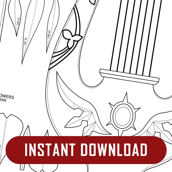 Venti's Lyre + Flowers and Leaves Patterns - Genshin Impact - Digital PDF - Cosplay Prop Blueprint