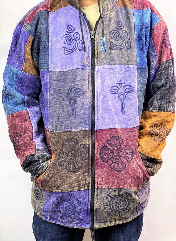 Hippy Boho Vintage Patchwork Cotton Fleece Lined Warm Coat Jacket