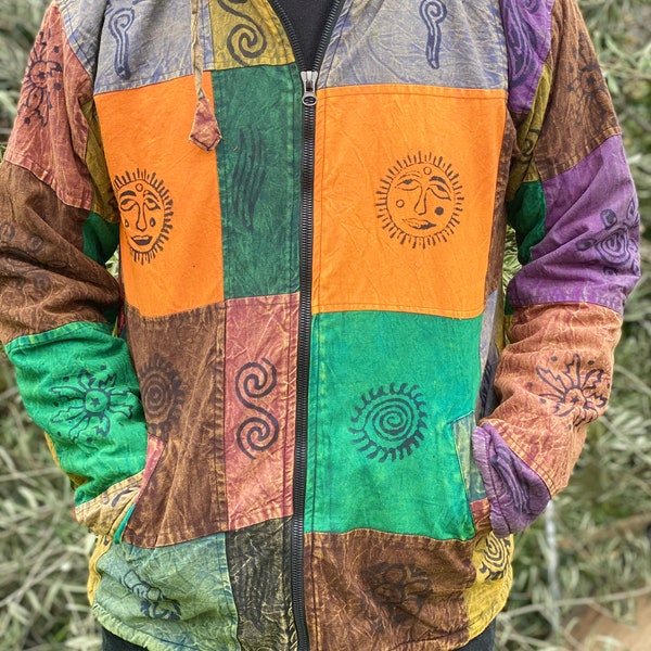 Hippy Boho Vintage Patchwork Cotton Fleece Lined Warm Coat Jacket, 100% HANDMADE in NEPAL Patchwork Winter HEAVY jacket Orange Xmas gift