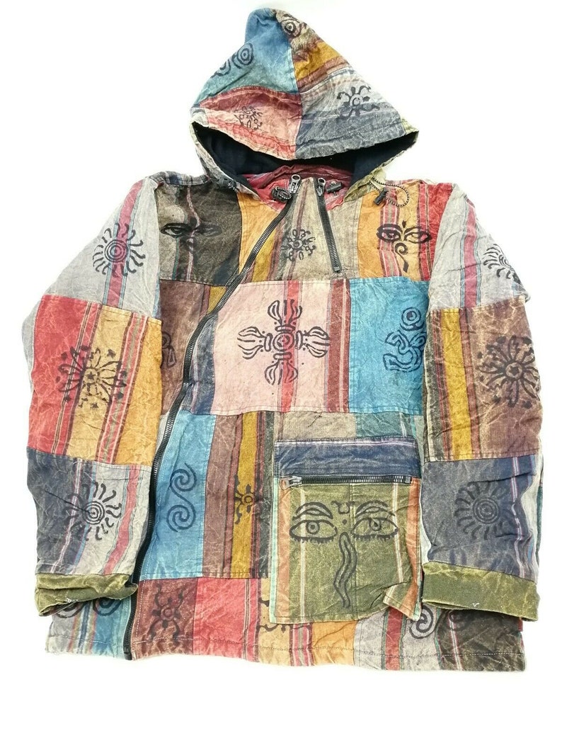 thumbnail image 2 of Men's GHERI Boho Knitted Hooded Jacket - Colorful Patchwork Cotton With Fleece Lining, Zip Front 2 of 6