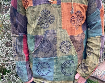 Handmade Patchwork Cotton Hoodie: Unisex Festival Wearable Art