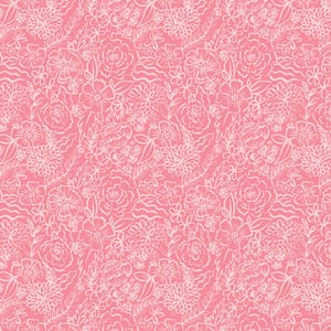 May include: A seamless pattern featuring a pink background with a delicate, white floral design. The pattern includes various flowers, leaves, and wavy lines, creating a soft and feminine aesthetic. The design is suitable for fabric, wallpaper, or other decorative applications.