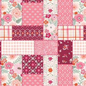 May include: A patchwork design featuring various pink floral and geometric patterns. The design includes squares with floral prints, gingham, and solid pinks, all stitched together with a dashed white line. The color palette is primarily pink, with accents of red and orange.