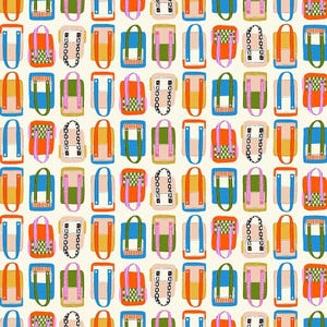 May include: A repeating pattern of stylized tote bags in various colors including orange, blue, green, and pink. Each bag features a rectangular body, two handles, and a front pocket with either solid colors or checkered patterns on a cream background.
