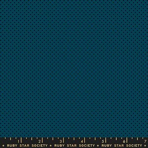 May include: Teal fabric with a repeating pattern of small, dark blue dots. The fabric has a smooth texture and a consistent color throughout. The bottom of the image shows a ruler with the text "RUBY STAR SOCIETY".