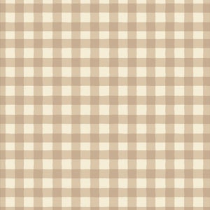 May include: A seamless pattern featuring a classic gingham design. The pattern consists of a grid of alternating light beige and tan squares, creating a simple, yet visually appealing texture. This design is suitable for various applications.