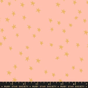 May include: A fabric with a repeating pattern of gold stars scattered on a light coral background. The stars are hand-drawn in a simple, whimsical style. The text "RUBY STAR SOCIETY" is at the bottom.