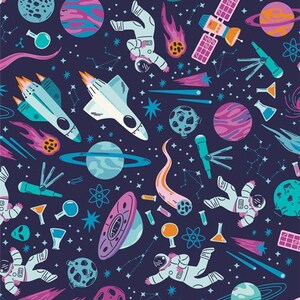 May include: A repeating pattern featuring a space theme with astronauts, planets, rockets, satellites, and stars. The design includes a dark blue background with colorful illustrations of space elements in shades of blue, pink, orange, and white.