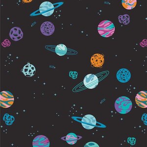 May include: A repeating pattern of planets, asteroids, and stars on a dark gray background. The planets are various colors, including blue, orange, purple, and pink, with rings and surface details. The asteroids are small and irregular, and the stars are white.