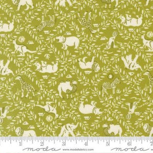 May include: A fabric with a repeating pattern of white safari animals, including giraffes, zebras, and elephants, on a green background. The design includes leafy vines and sun motifs, creating a whimsical, nature-inspired print.