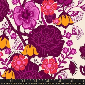 May include: Floral fabric with a cream background. The design features large, stylized flowers in shades of purple, pink, orange, and yellow. The flowers are arranged with dark purple stems and leaves. The text "RUBY STAR SOCIETY" is at the bottom.