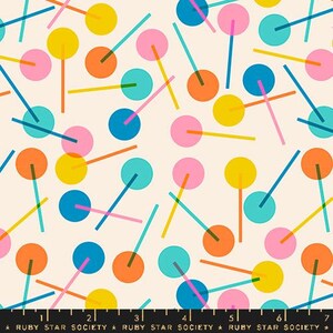 May include: A seamless pattern featuring colorful circles and lines on a cream background. The circles are in shades of yellow, orange, pink, blue, and green. The lines are in shades of yellow, orange, pink, blue, and green. The pattern is reminiscent of lollipops.