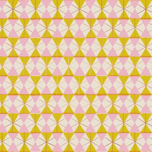 May include: A repeating geometric pattern featuring a grid of triangles in mustard yellow, soft pink, and off-white. The design consists of alternating hourglass shapes formed by two triangles meeting at their points, separated by thin brown lines.