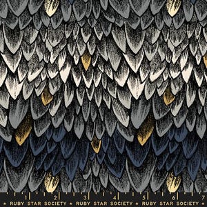 May include: A fabric with a repeating pattern of overlapping, stylized feather shapes in shades of gray, black, and gold. The design has a textured, hand-drawn appearance. The text "RUBY STAR SOCIETY" is printed at the bottom.
