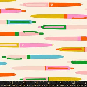 May include: A repeating pattern of colorful pens in various shades of pink, orange, yellow, green, and blue on a cream background. Some pens have a star detail. The text "RUBY STAR SOCIETY" is at the bottom.