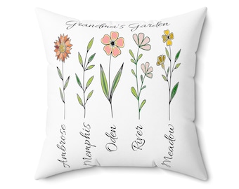 Coussin de jardin de grand-mère personnalisé, coussin de fleurs de naissance personnalisé, coussin de jardin de grand-mère avec petits-enfants, cadeau pour grand-mère, cadeau de Noël