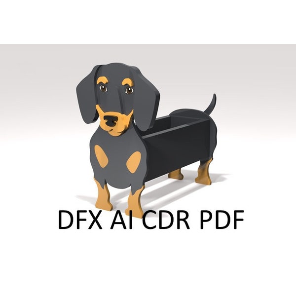 Dachshund planter pattern, dog wood planter, DIY garden ornament flower pot, laser cutting digital file svg pdf dxf cdr